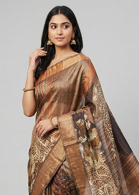 Peach Handloom Tussar Pure Silk Saree With Blouse Piece