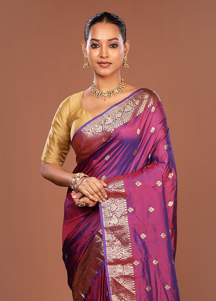 Purple Handloom Katan Pure Silk Saree With Blouse Piece