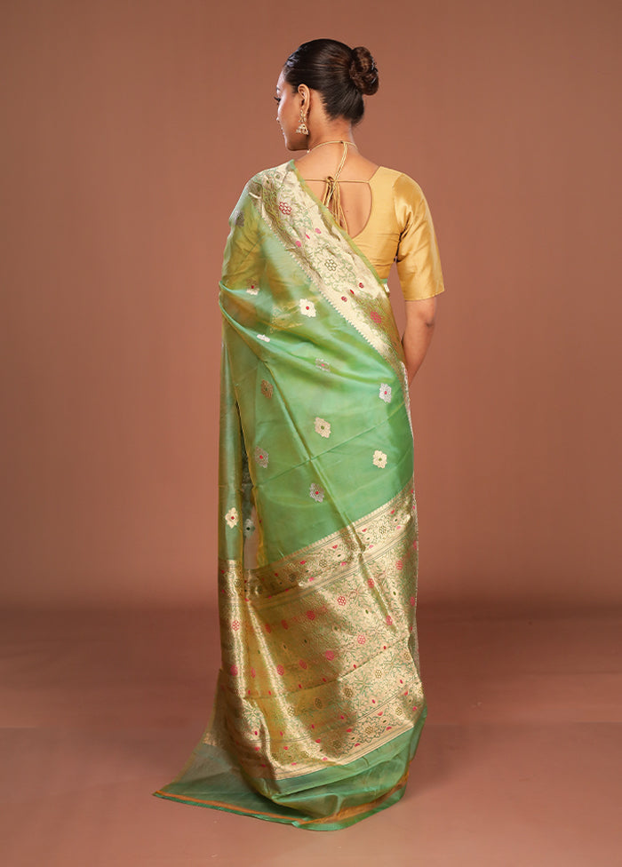 Green Handloom Pure Organza Saree With Blouse Piece