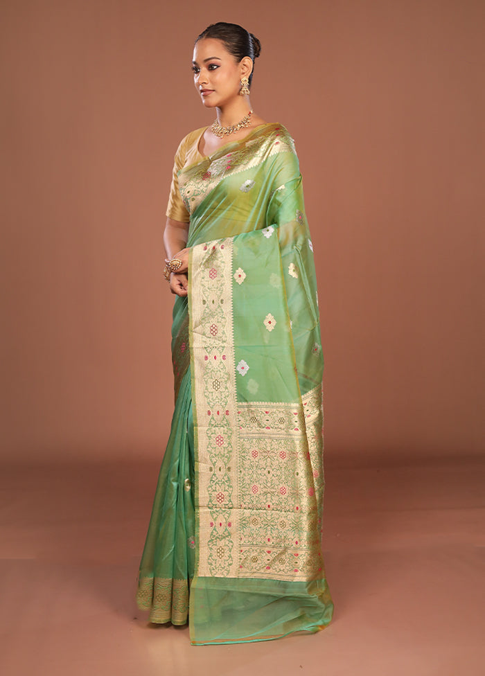 Green Handloom Pure Organza Saree With Blouse Piece