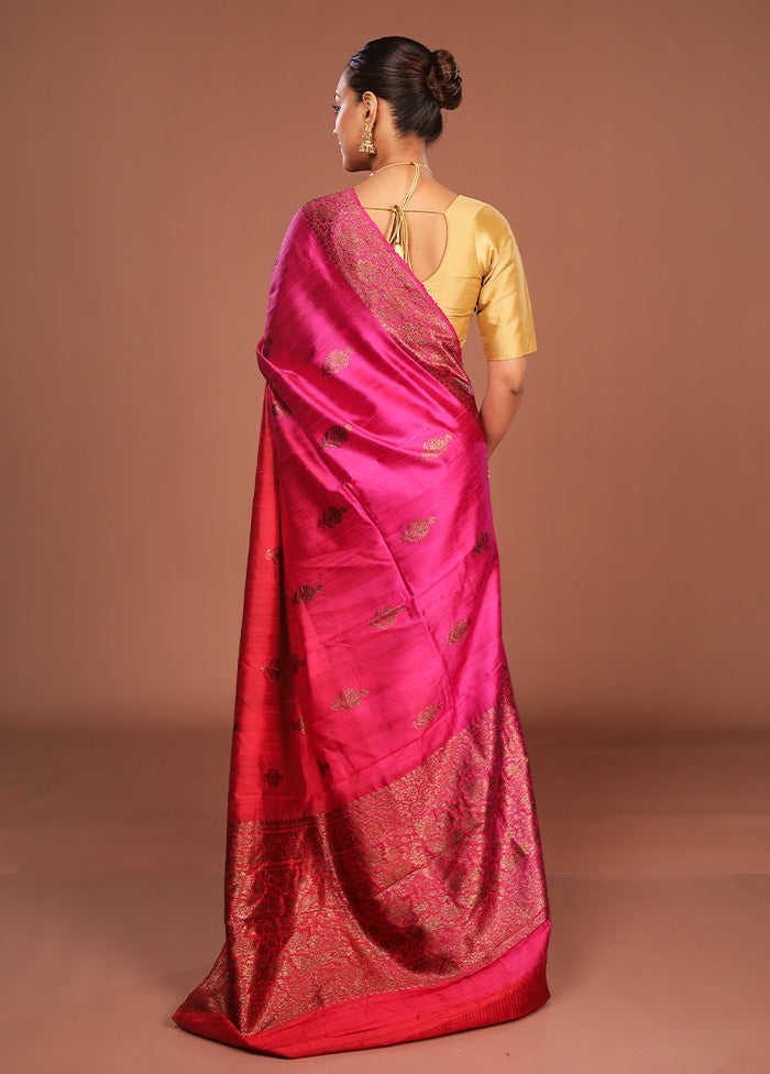 Pink Handloom Tussar Pure Silk Saree With Blouse Piece