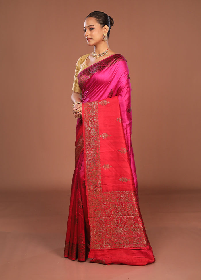 Pink Handloom Tussar Pure Silk Saree With Blouse Piece