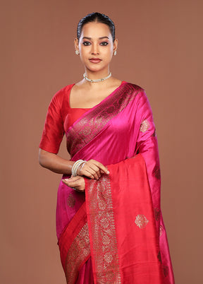 Pink Handloom Tussar Pure Silk Saree With Blouse Piece