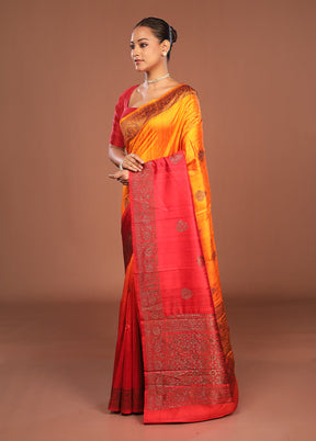Orange Handloom Tussar Pure Silk Saree With Blouse Piece