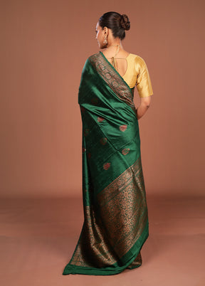 Green Handloom Tussar Pure Silk Saree With Blouse Piece