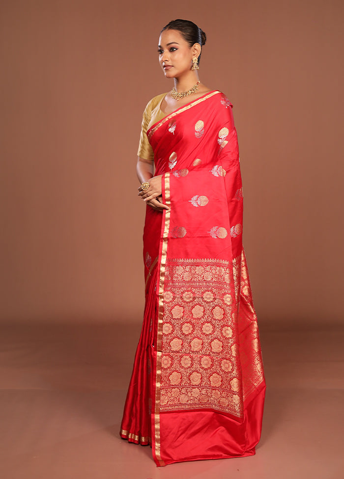 Red Handloom Katan Pure Silk Saree With Blouse Piece