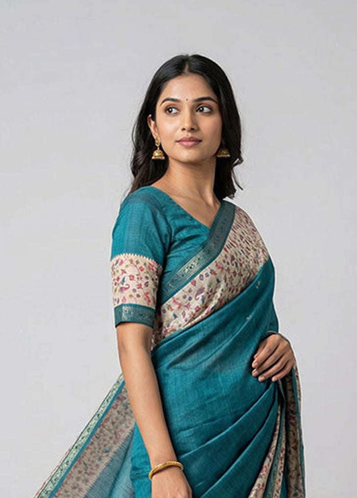 Blue Tussar Silk Saree With Blouse Piece