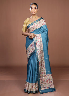 Blue Tussar Silk Saree With Blouse Piece