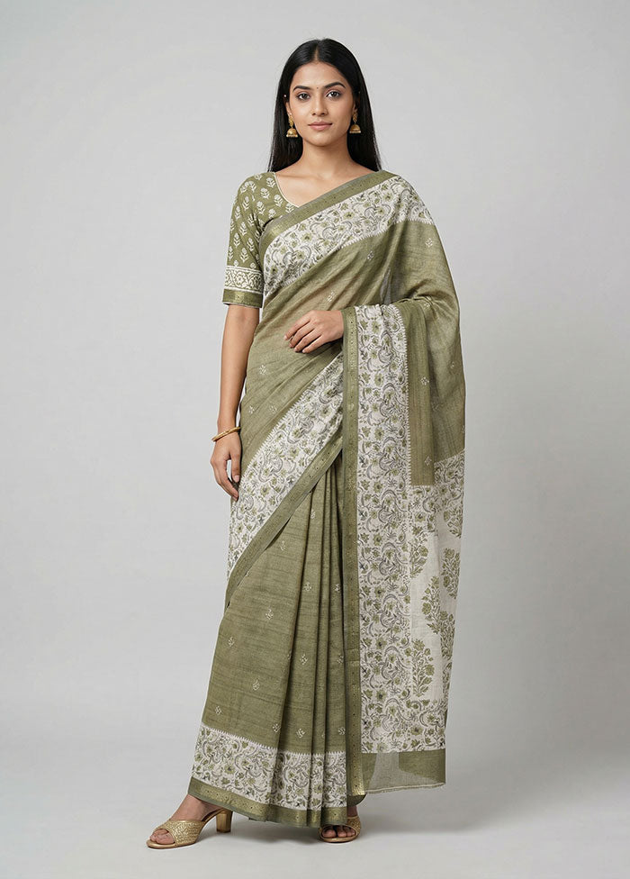 Green Tussar Silk Saree With Blouse Piece