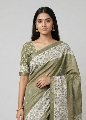 Green Tussar Silk Saree With Blouse Piece