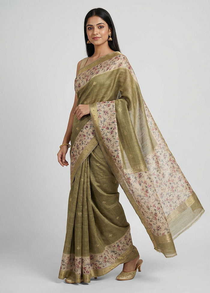 Green Tussar Silk Saree With Blouse Piece