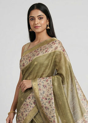 Green Tussar Silk Saree With Blouse Piece