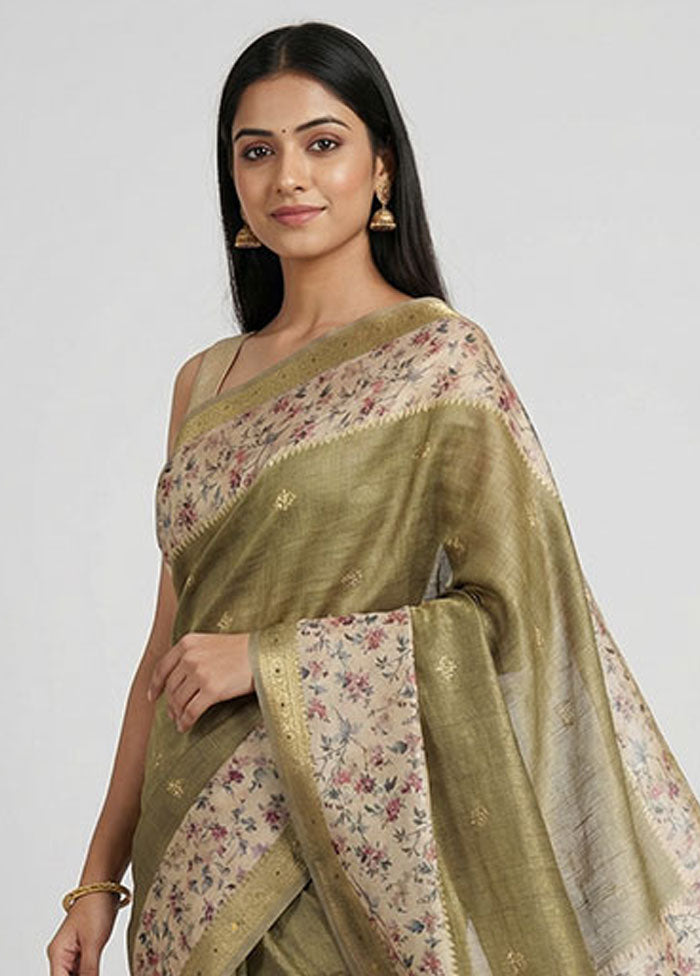 Green Tussar Silk Saree With Blouse Piece