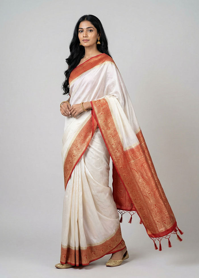 White Dupion Silk Saree With Blouse Piece