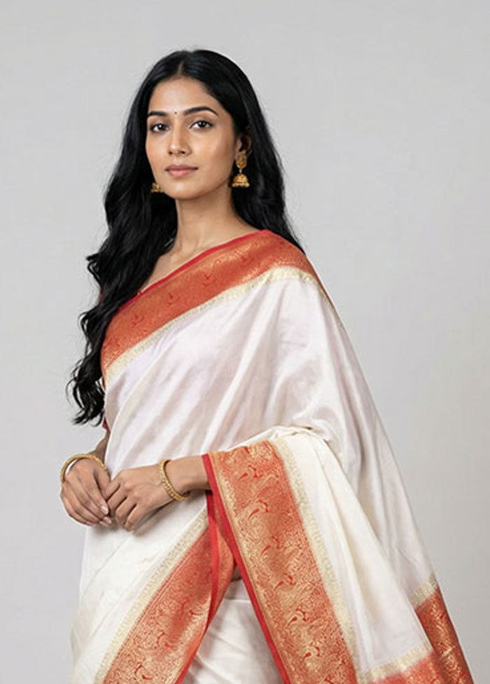 White Dupion Silk Saree With Blouse Piece