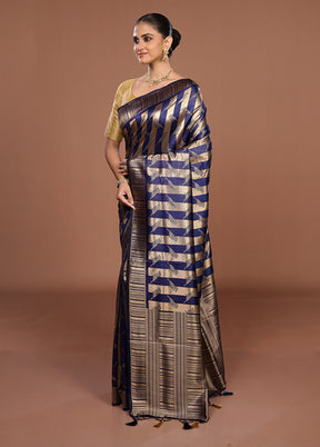 Blue Dupion Silk Saree With Blouse Piece