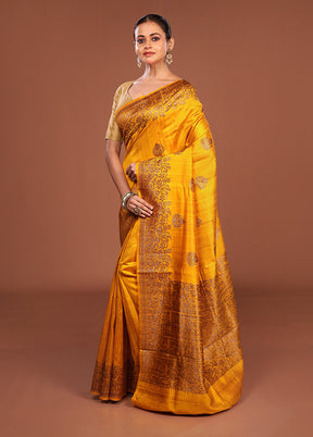 Yellow Handloom Tussar Pure Silk Saree With Blouse Piece