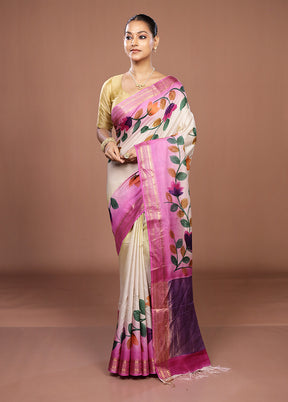 Cream Handloom Tussar Pure Silk Saree With Blouse Piece