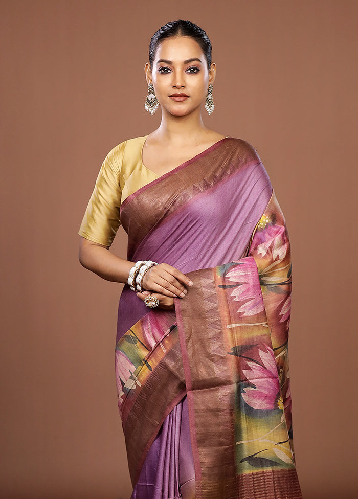 Purple Handloom Tussar Pure Silk Saree With Blouse Piece