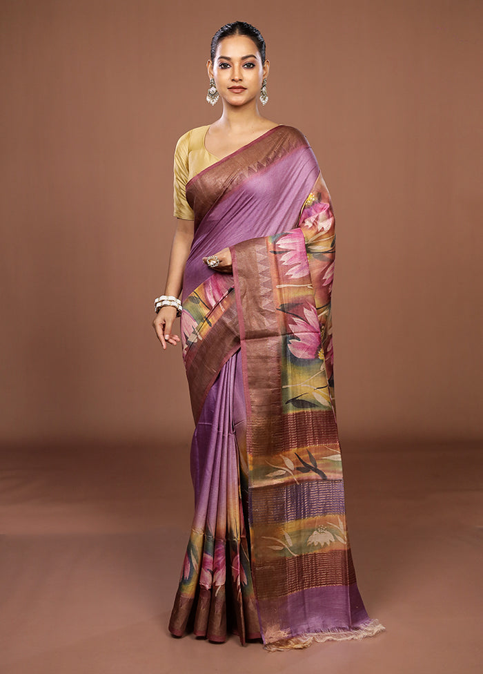 Purple Handloom Tussar Pure Silk Saree With Blouse Piece