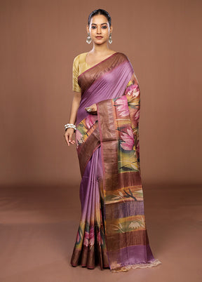 Purple Handloom Tussar Pure Silk Saree With Blouse Piece