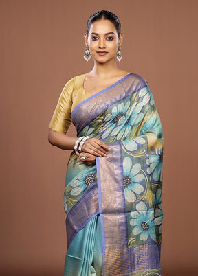Blue Handloom Tussar Pure Silk Saree With Blouse Piece