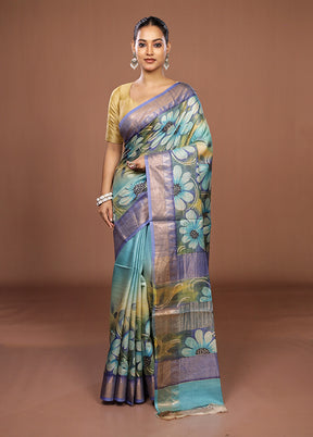 Blue Handloom Tussar Pure Silk Saree With Blouse Piece