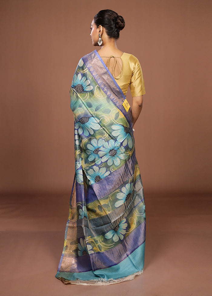 Blue Handloom Tussar Pure Silk Saree With Blouse Piece