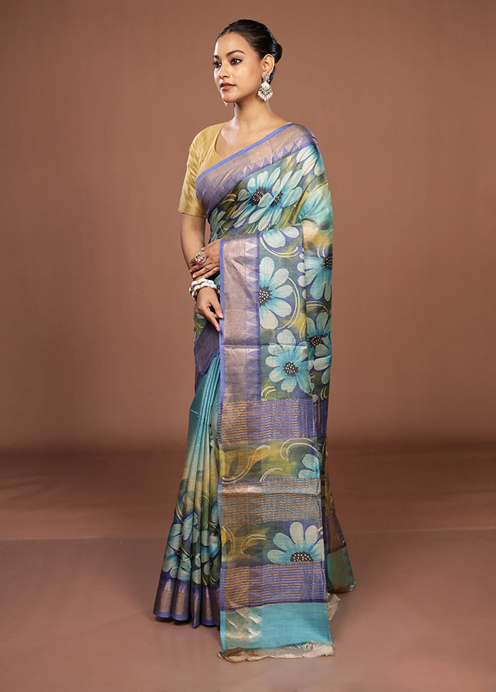 Blue Handloom Tussar Pure Silk Saree With Blouse Piece