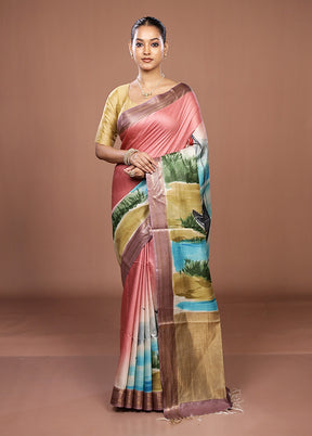 Peach Handloom Tussar Pure Silk Saree With Blouse Piece