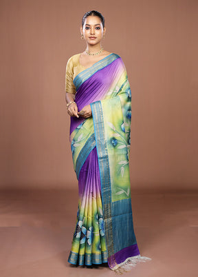 Purple Handloom Tussar Pure Silk Saree With Blouse Piece