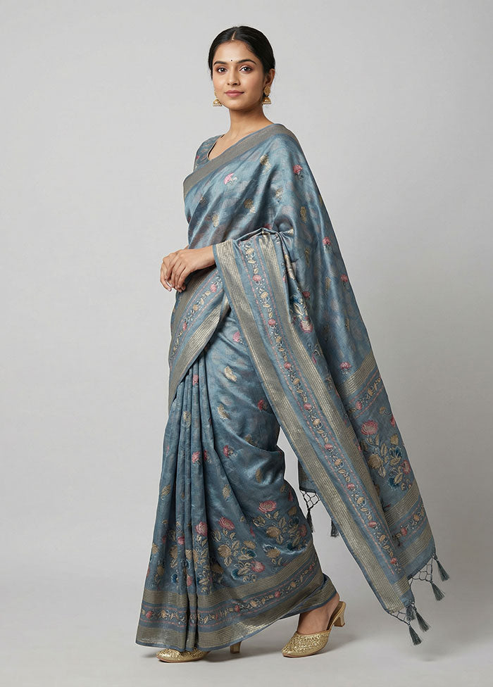 Grey Dupion Silk Saree With Blouse Piece