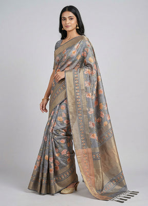Grey Dupion Silk Saree With Blouse Piece