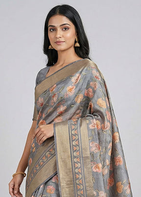 Grey Dupion Silk Saree With Blouse Piece