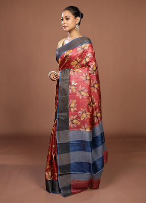Pink Tussar Silk Saree With Blouse Piece