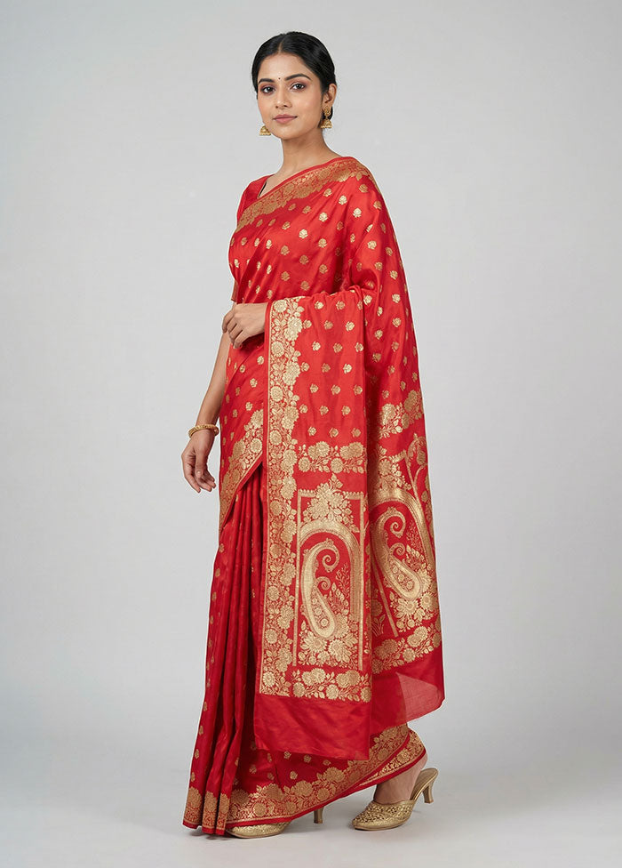 Red Banarasi Silk Saree With Blouse Piece