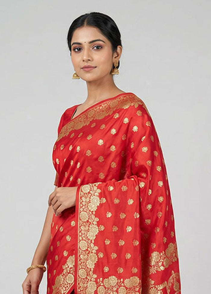 Red Banarasi Silk Saree With Blouse Piece
