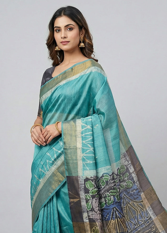 Green Handloom Tussar Pure Silk Saree With Blouse Piece