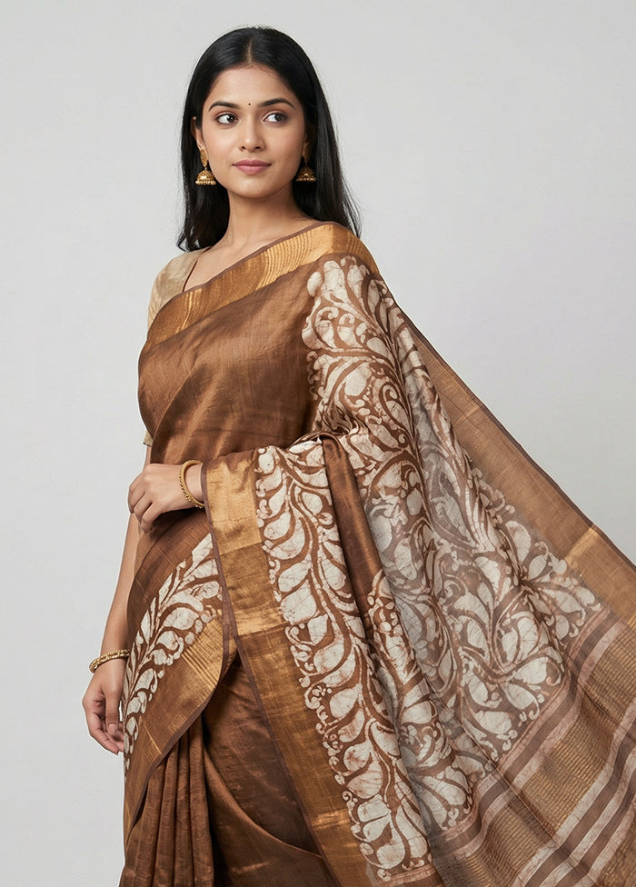 Cream Handloom Tussar Pure Silk Saree With Blouse Piece