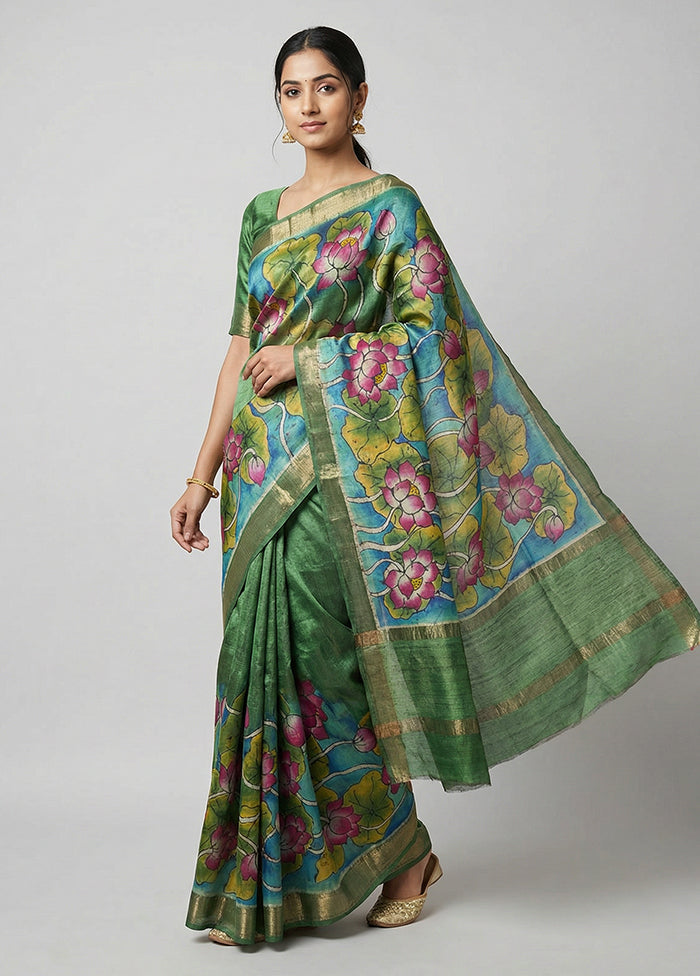 Blue Handloom Tussar Pure Silk Saree With Blouse Piece