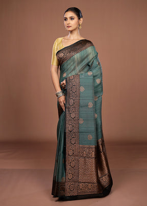 Green Handloom Tussar Pure Silk Saree With Blouse Piece