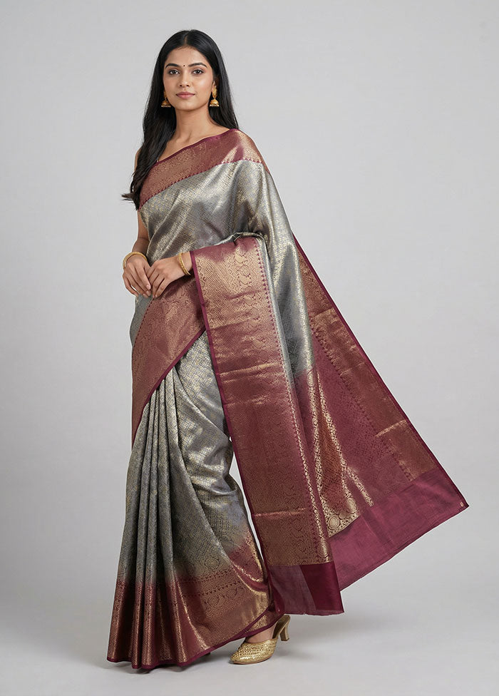 Grey Handloom Kanchipuram Pure Silk Saree With Blouse Piece