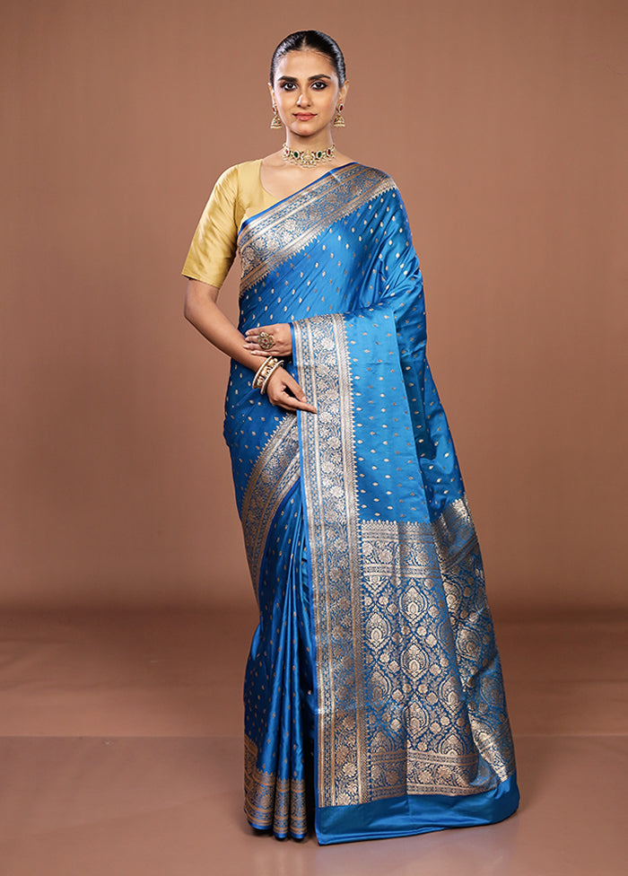 Blue Banarasi Silk Saree With Blouse Piece