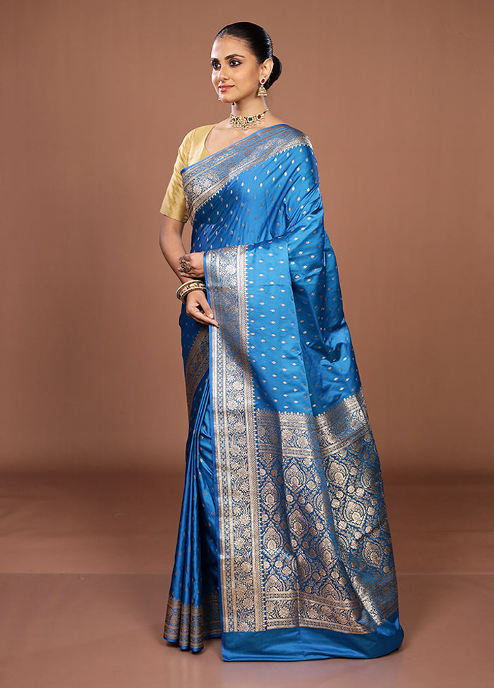 Blue Banarasi Silk Saree With Blouse Piece
