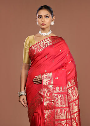 Red Handloom Baluchari Pure Silk Saree With Blouse Piece