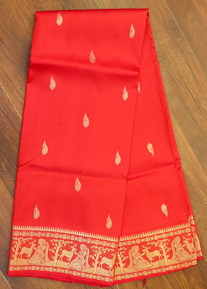 Red Handloom Baluchari Pure Silk Saree With Blouse Piece