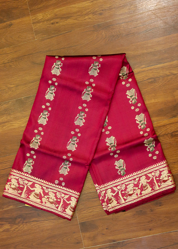 Red Handloom Baluchari Pure Silk Saree With Blouse Piece