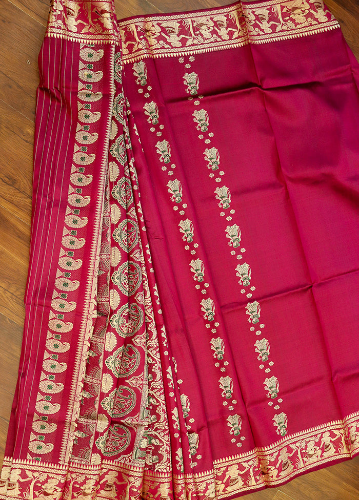 Red Handloom Baluchari Pure Silk Saree With Blouse Piece
