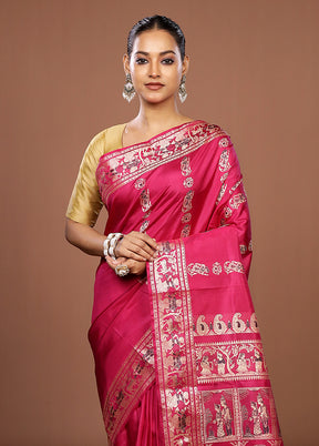 Pink Handloom Baluchari Pure Silk Saree With Blouse Piece