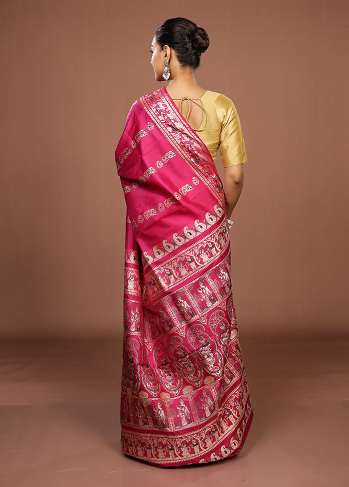 Pink Handloom Baluchari Pure Silk Saree With Blouse Piece